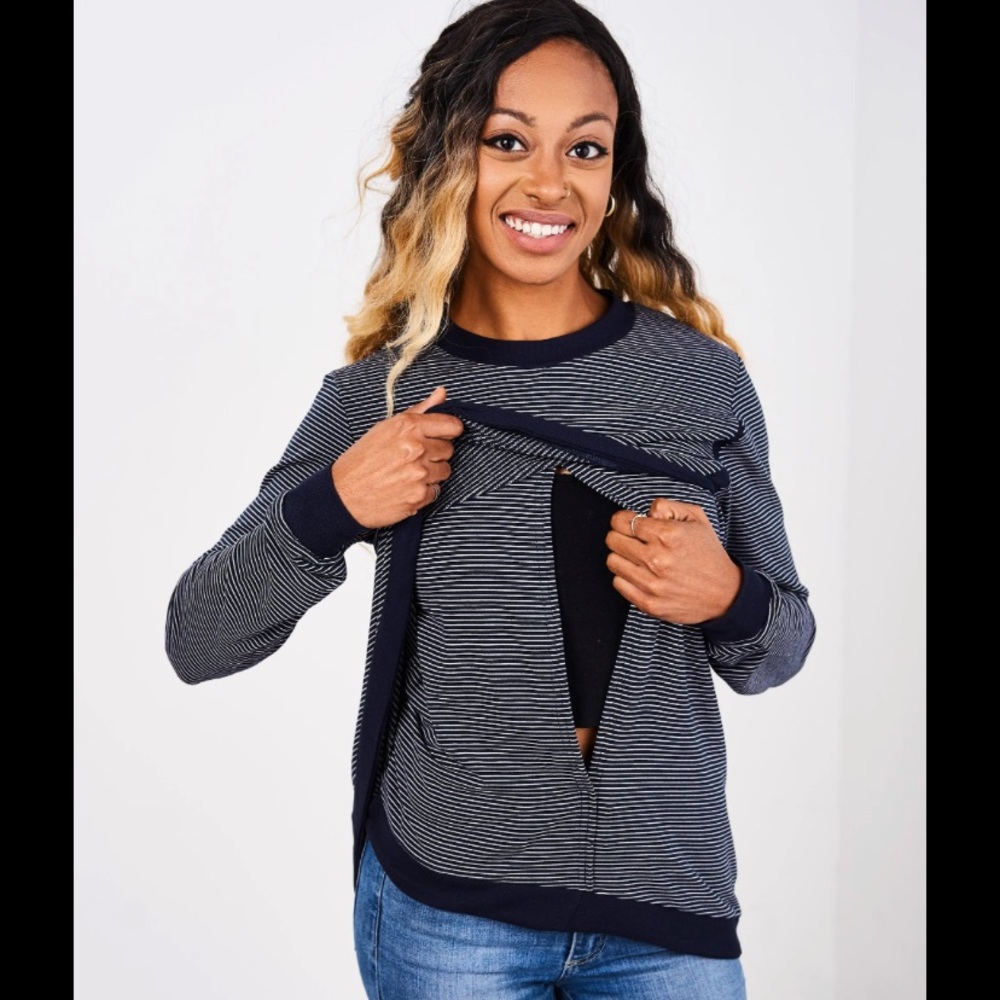 Latched mama crew neck navy and white stripe breastfeeding/maternity sweater
